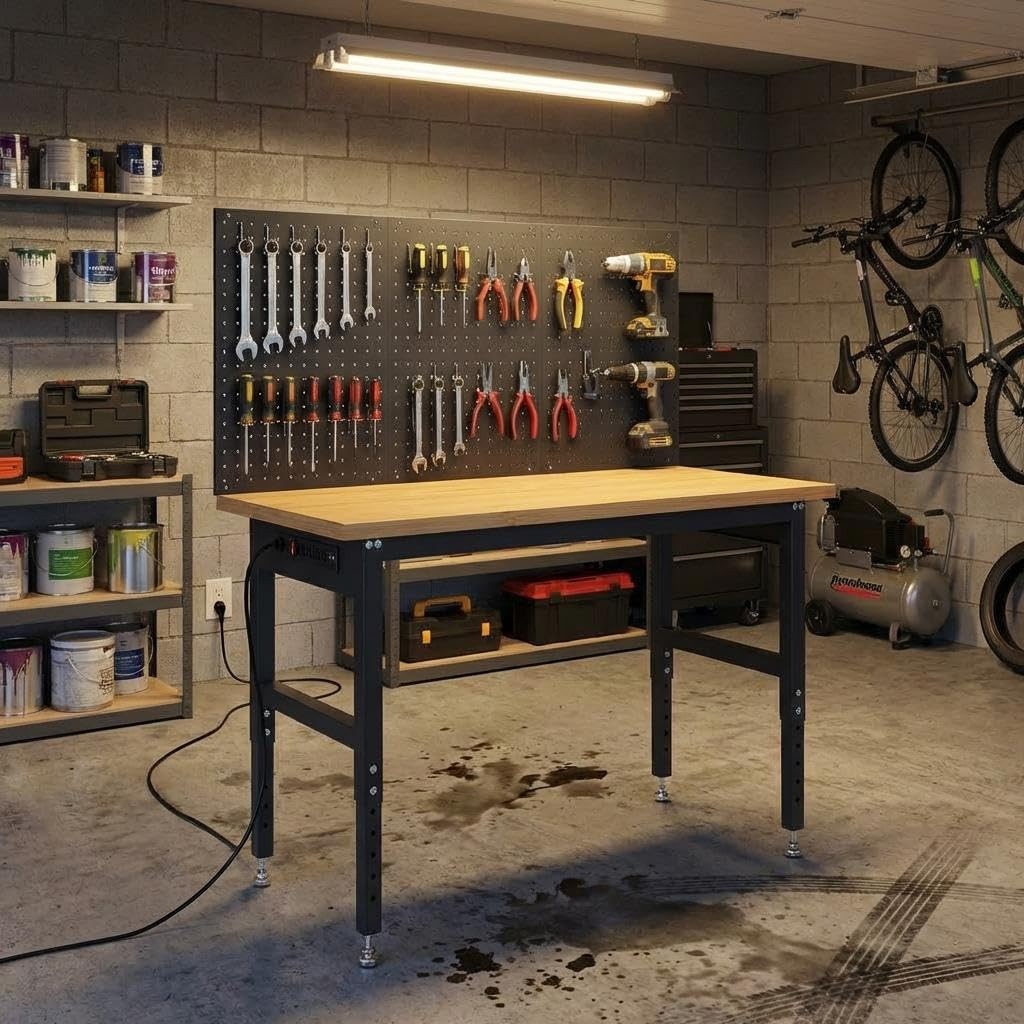 48" Garage Workbench with Pegboard Wall 2000lbs Table 28-40" Adjustable Height