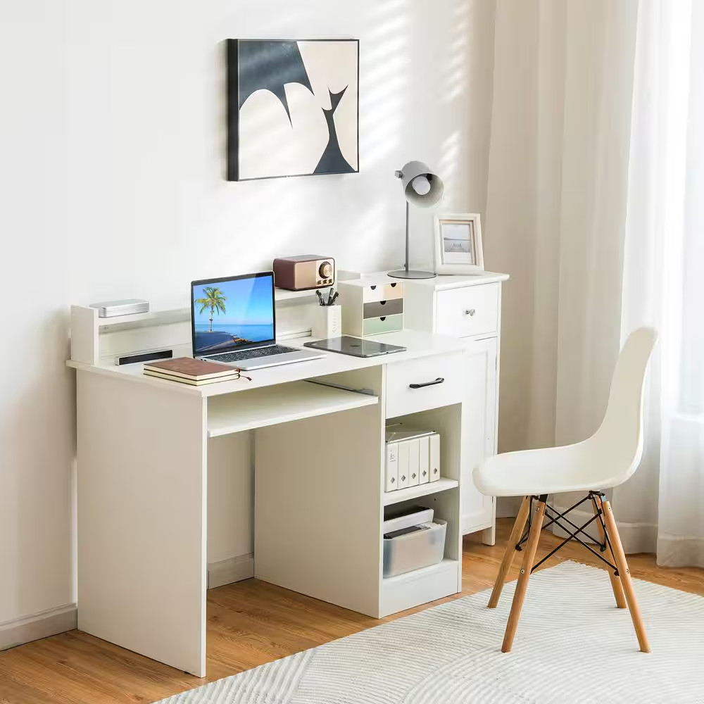 41.5 In. Rectangular White Wood Wide Computer Desk Writing Study Laptop Table wi