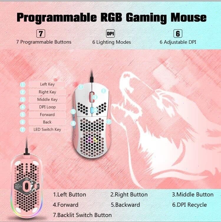 PINK UK RGB Backlit USB Wired Optical Gaming Mouse for PC Computer 6400 DPI