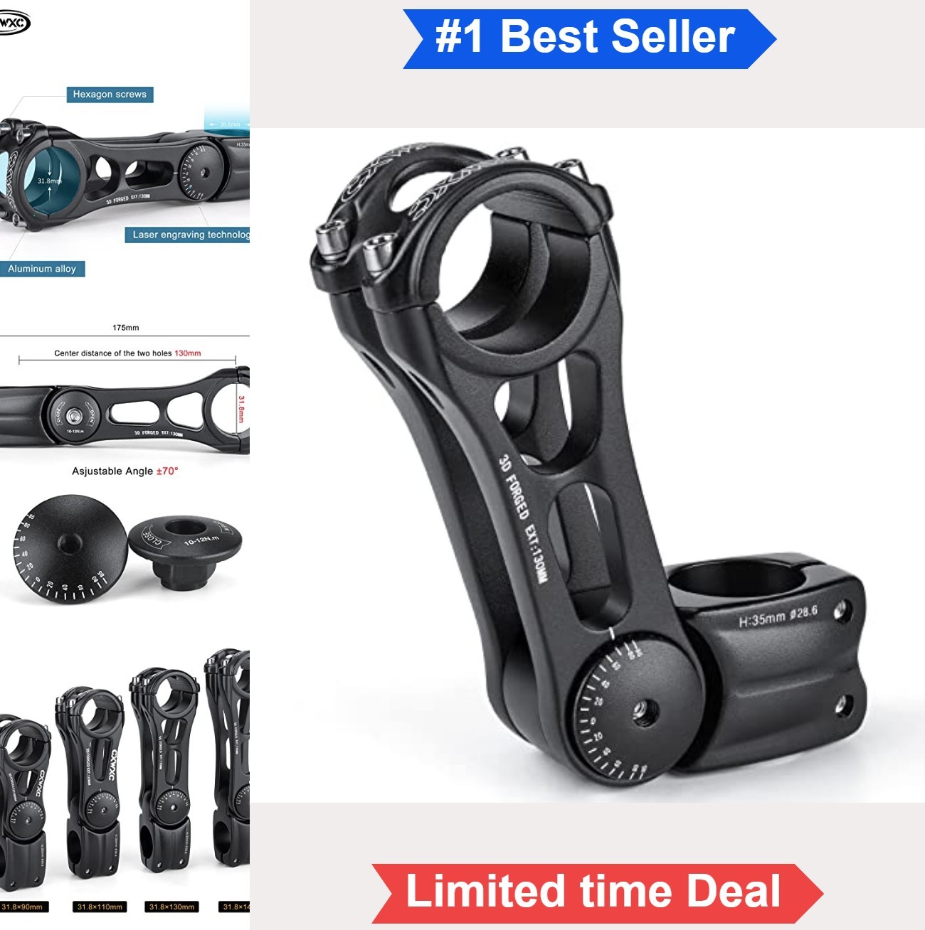 Adjustable MTB Stem 31.8mm 90 110 130 145mm 70 Degree Aluminum Alloy Bike