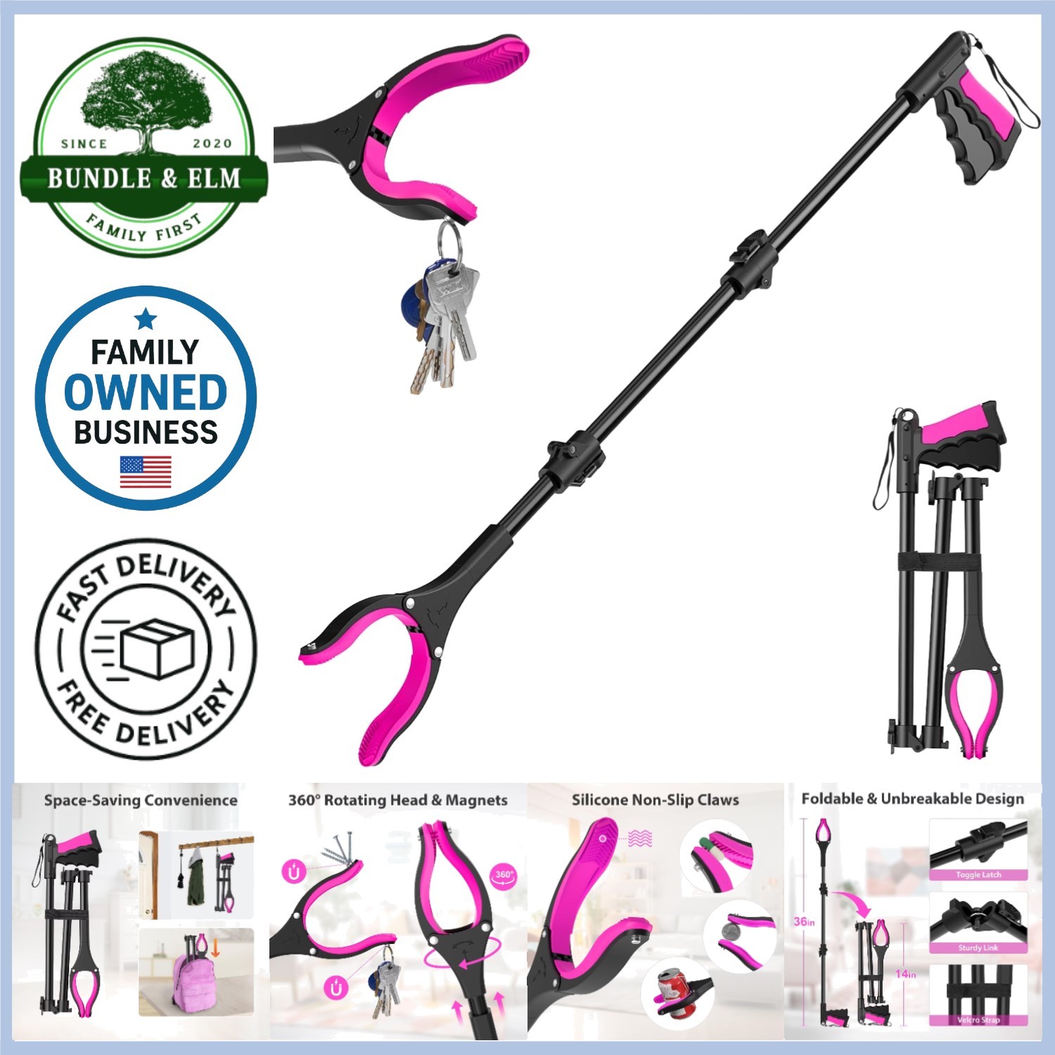 36-inch Reacher Grabber Tool Foldable Lightweight Pickup with Rotating Head