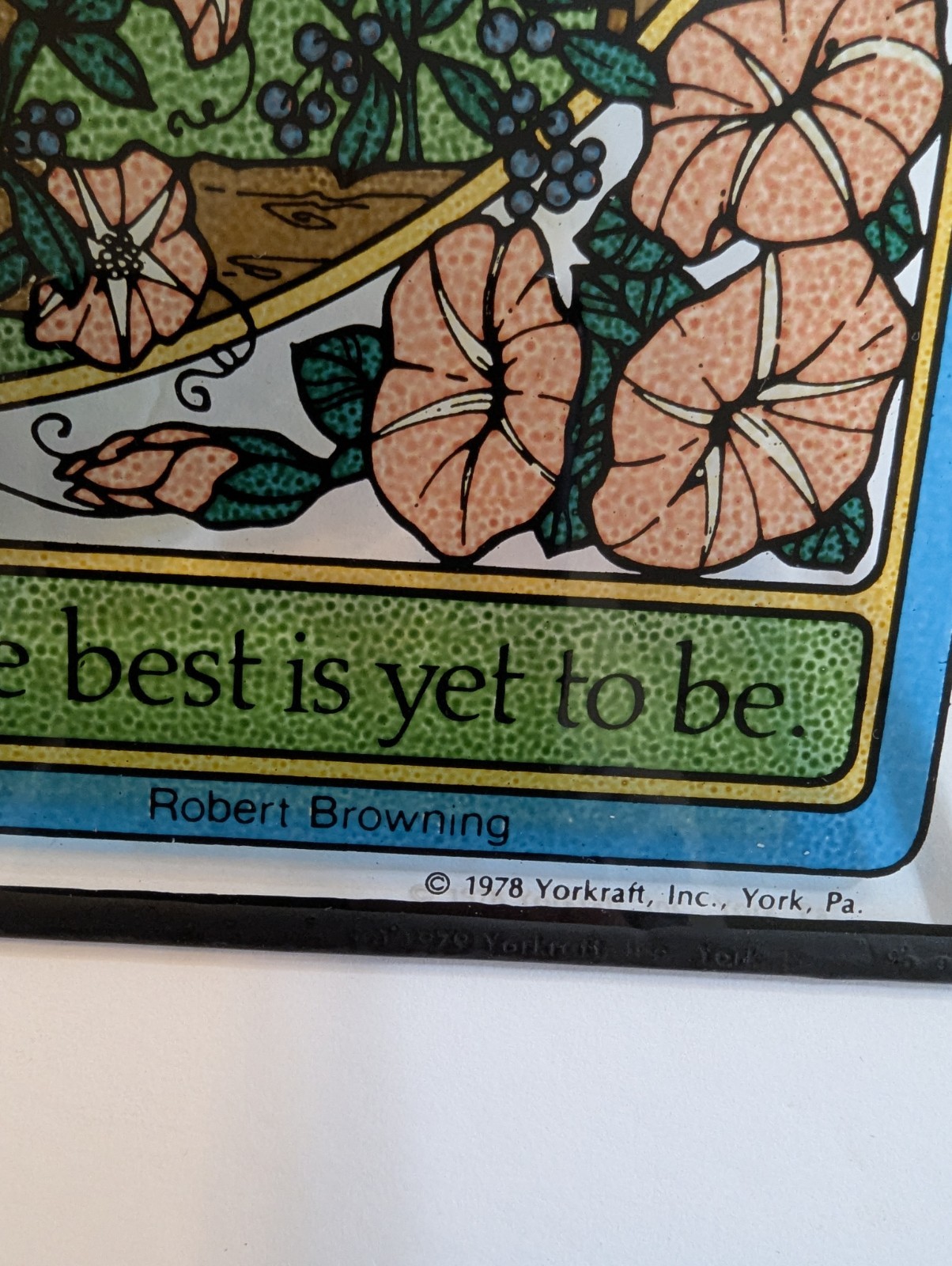 VTG 1978 Yorkraft Seriglass Two-Panel Folding Suncatcher Robert Browning Quote