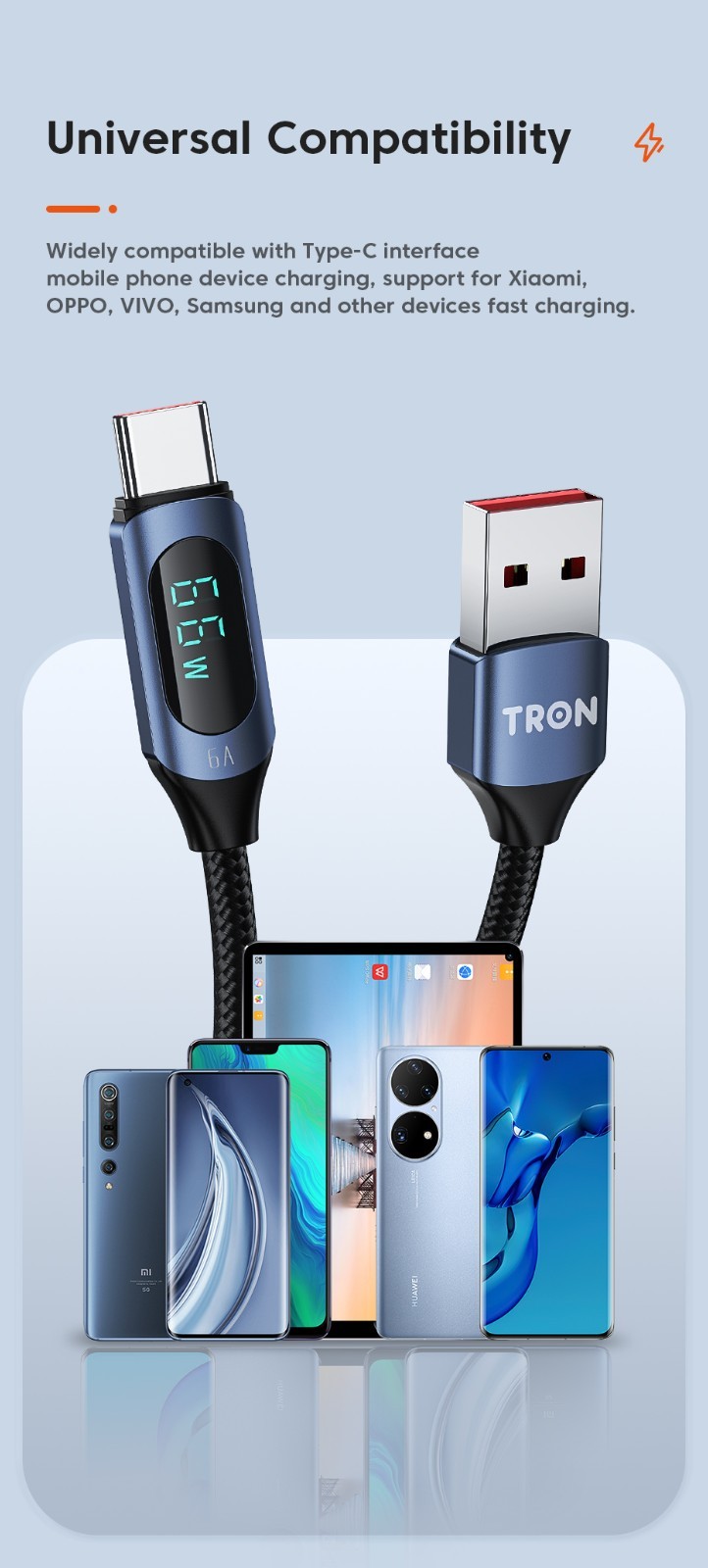 TRON USB A-C Digital Display Braided Charging Cable 6A | 5FT