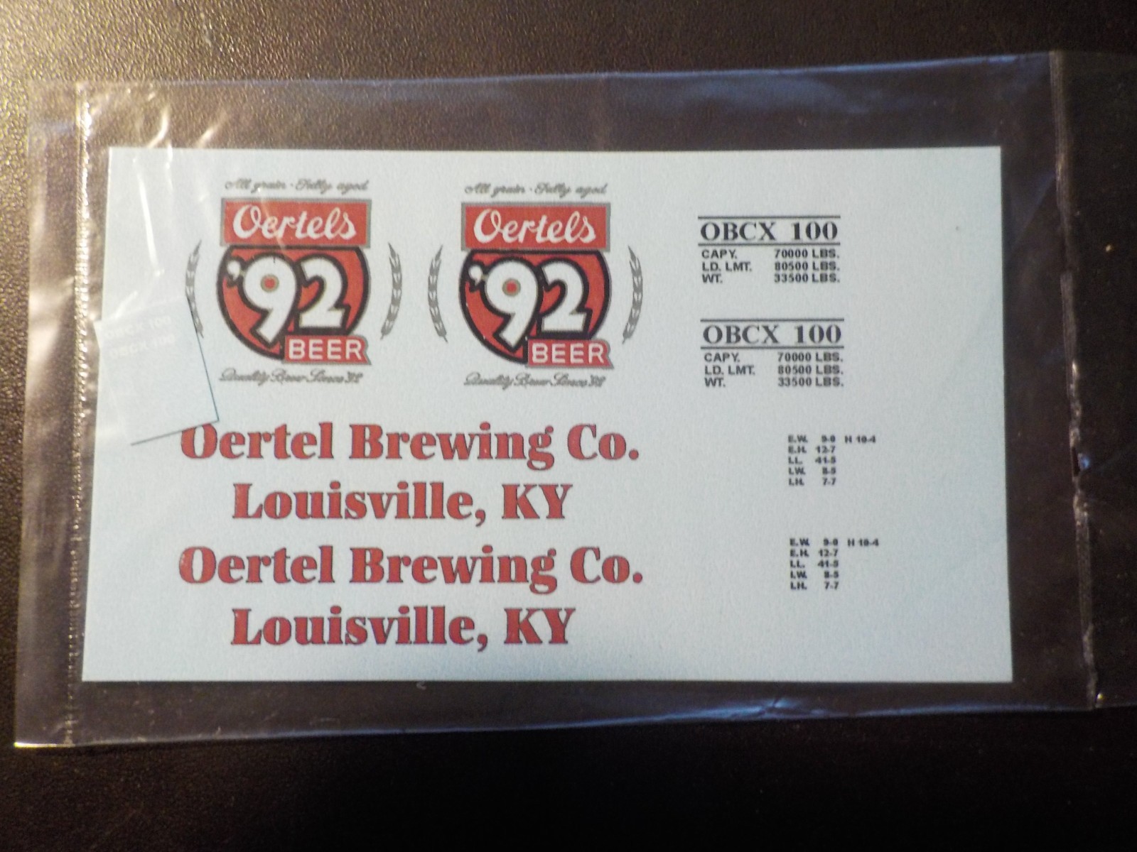 HO scale decal for 40' beer reefers Ortel's '92 beer
