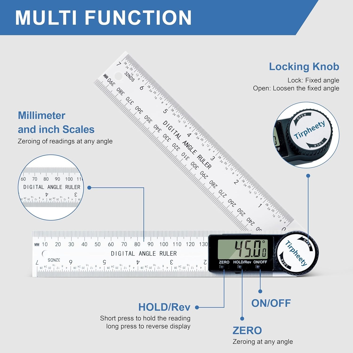 Digital Angle Finder Protractor 7-Inch LCD Ruler for Woodworking & Construction