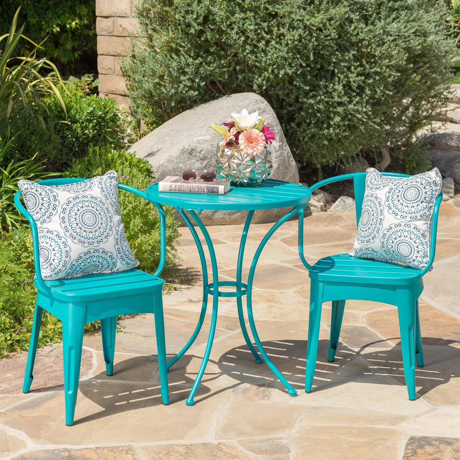 Chic Matte Teal 3-Piece Outdoor Iron Bistro Set for Stylish Patio Dining