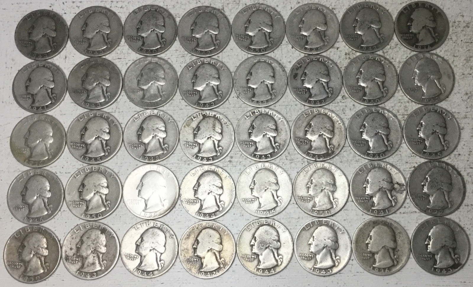 40 Coin Washington Quarter Lot Cull Slick 90% Silver $10 Face Value FV Roll BS