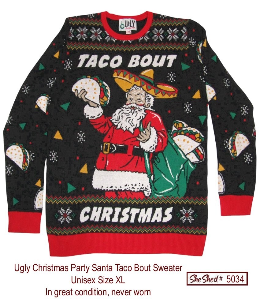 Taco Bout Christmas Santa Ugly Sweater XL Funny Holiday Black - VGC