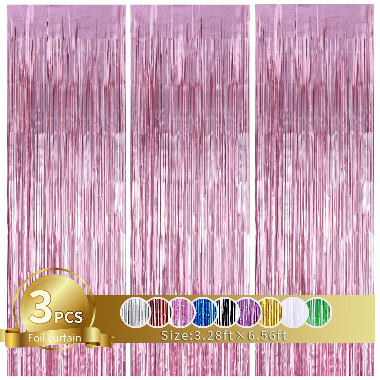 3Pcs Pink Metallic Tinsel Foil Fringe Curtains,3.28ft x 6.56ft Pink Photo Boo...