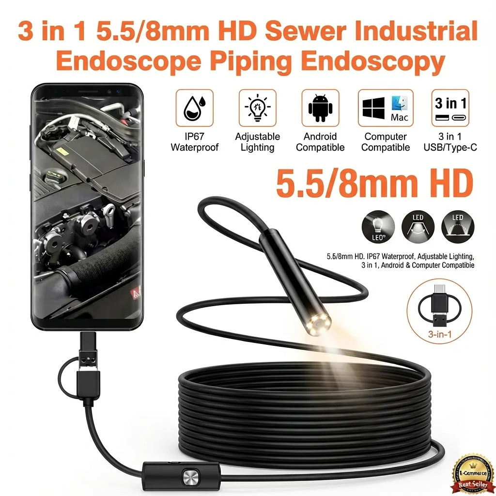 Mini Wired Endoscope Inspection Camera, 1MP Borescope with LED Lighting, 8 / 5.5