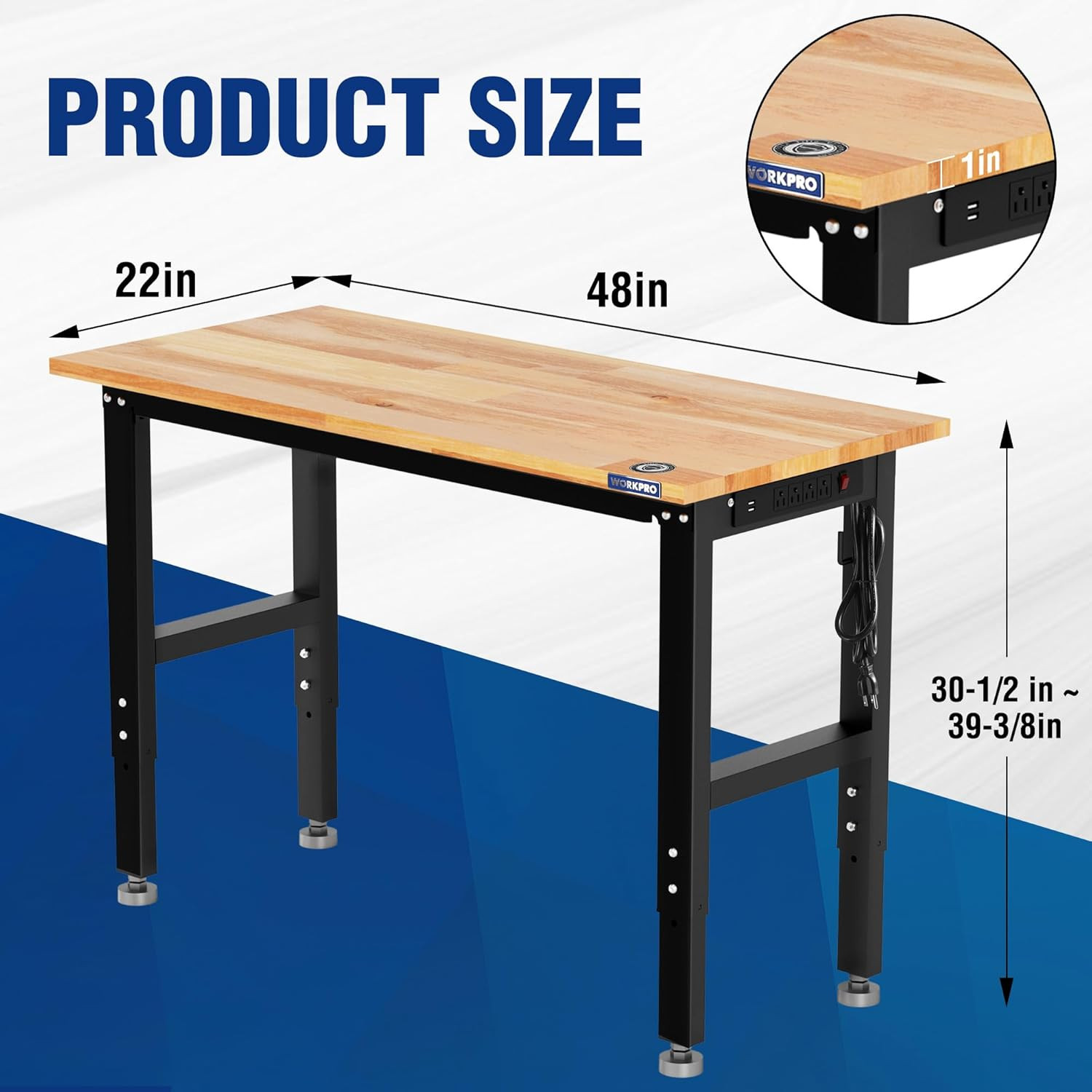 WORKPRO Adjustable Garage Workbench, 48"X22" Rubber Wood Top Heavy-Duty Work Des
