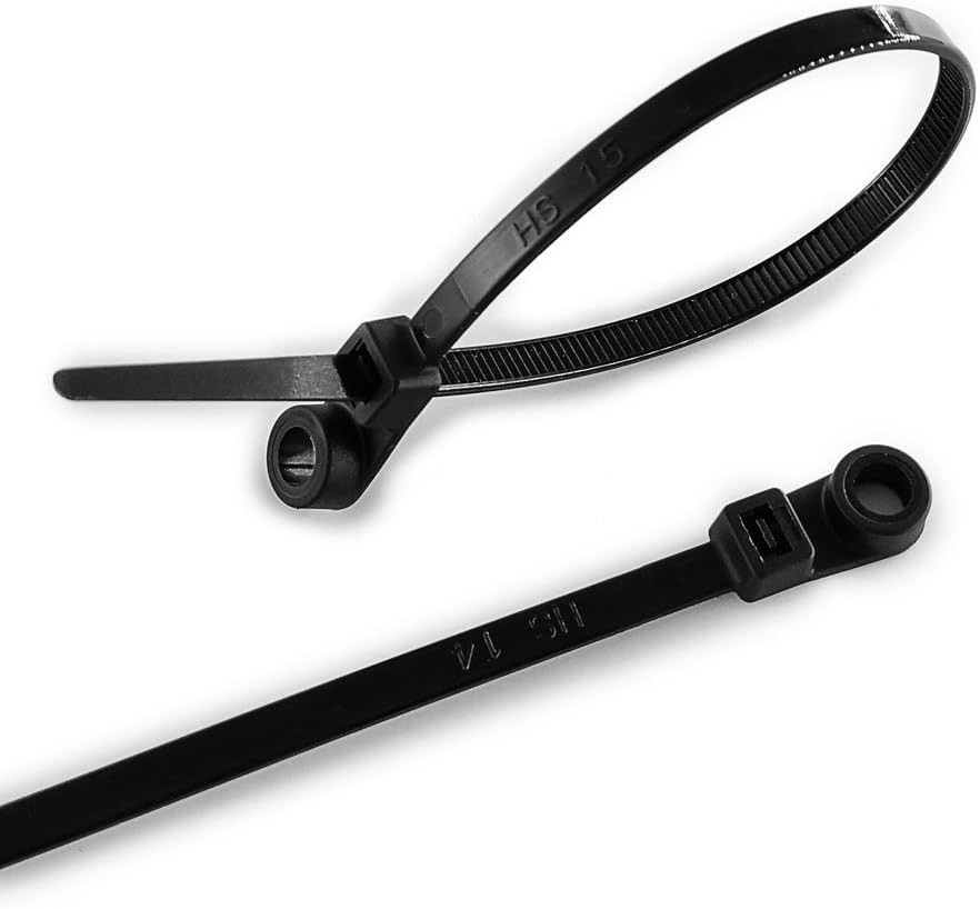 100 Pack 7.5" Black Plastic Zip Ties with Screw Holes – UV Resistant, 50 lbs