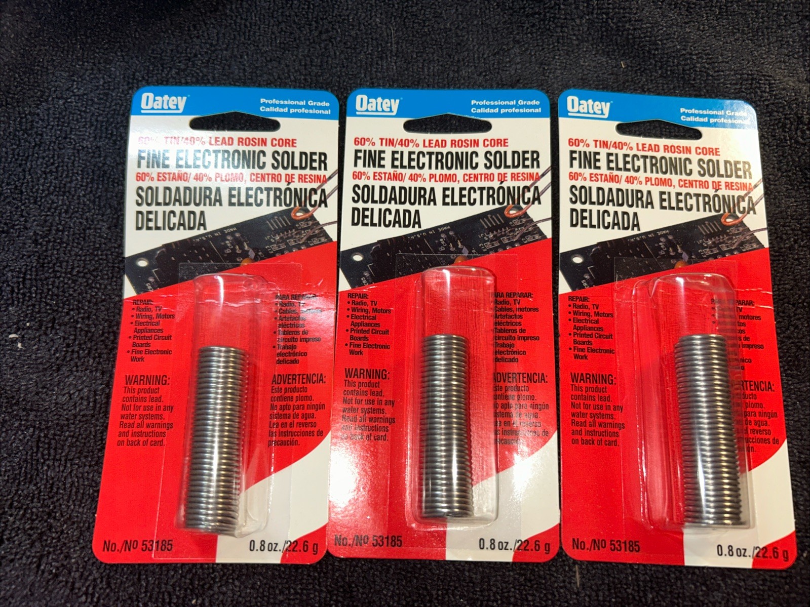 3 Pkgs Oatey 53185 Rosin Core Electronic Solder Carded New