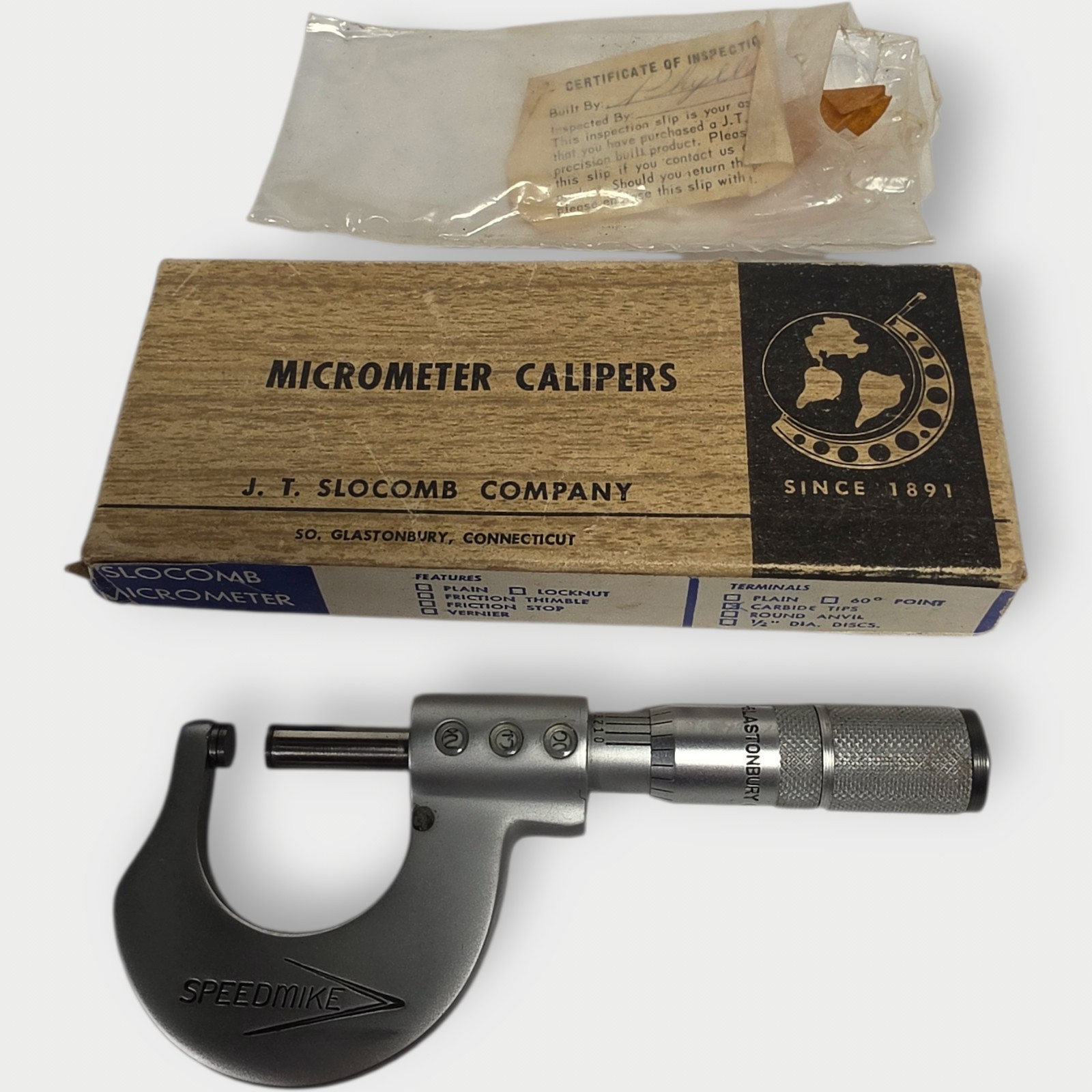 J. T. SLOCOMB "SPEEDMIKE" 1" MICROMETER in Original BOX CARBIDE TIPS CLEAN