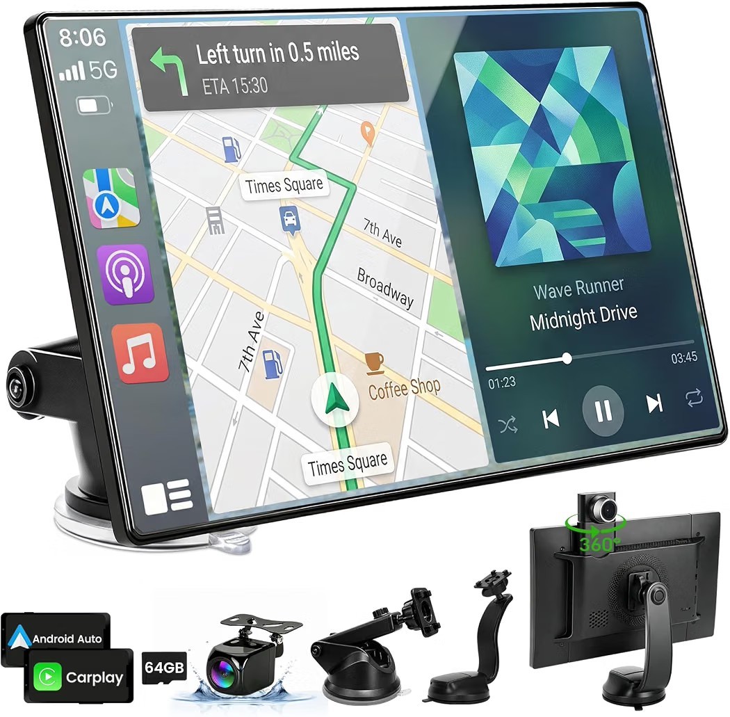 11" Portable Wireless Apple CarPlay Android Auto Touch Screen Dual 4K Dash Cam