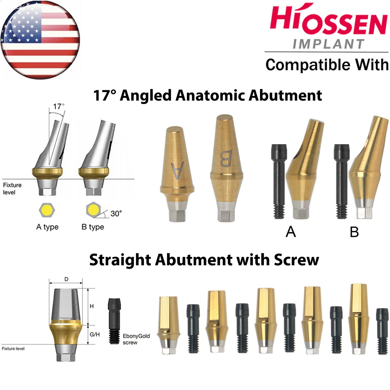US Dental 17° Angled Anatomic/Straight Transfer Abutment Fit Hiossen Osstem M/R