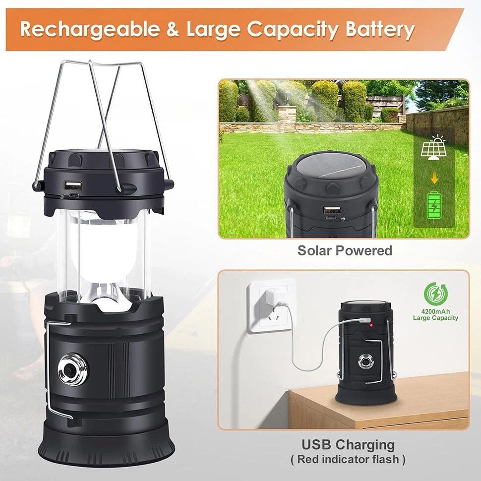 2x Solar Camping Lantern Flashlight Lamp Portable Rechargeable LED USB Power