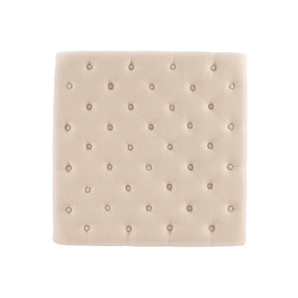 Linon Isabelle Square Upholstered Ottoman Black Legs in Natural Beige Fabric