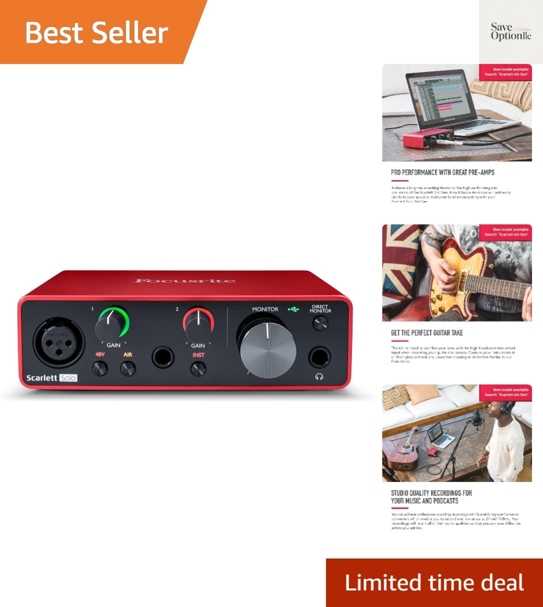 Scarlett Solo 3rd Gen USB Audio Interface for Guitarists, Vocalists, Podcaste...