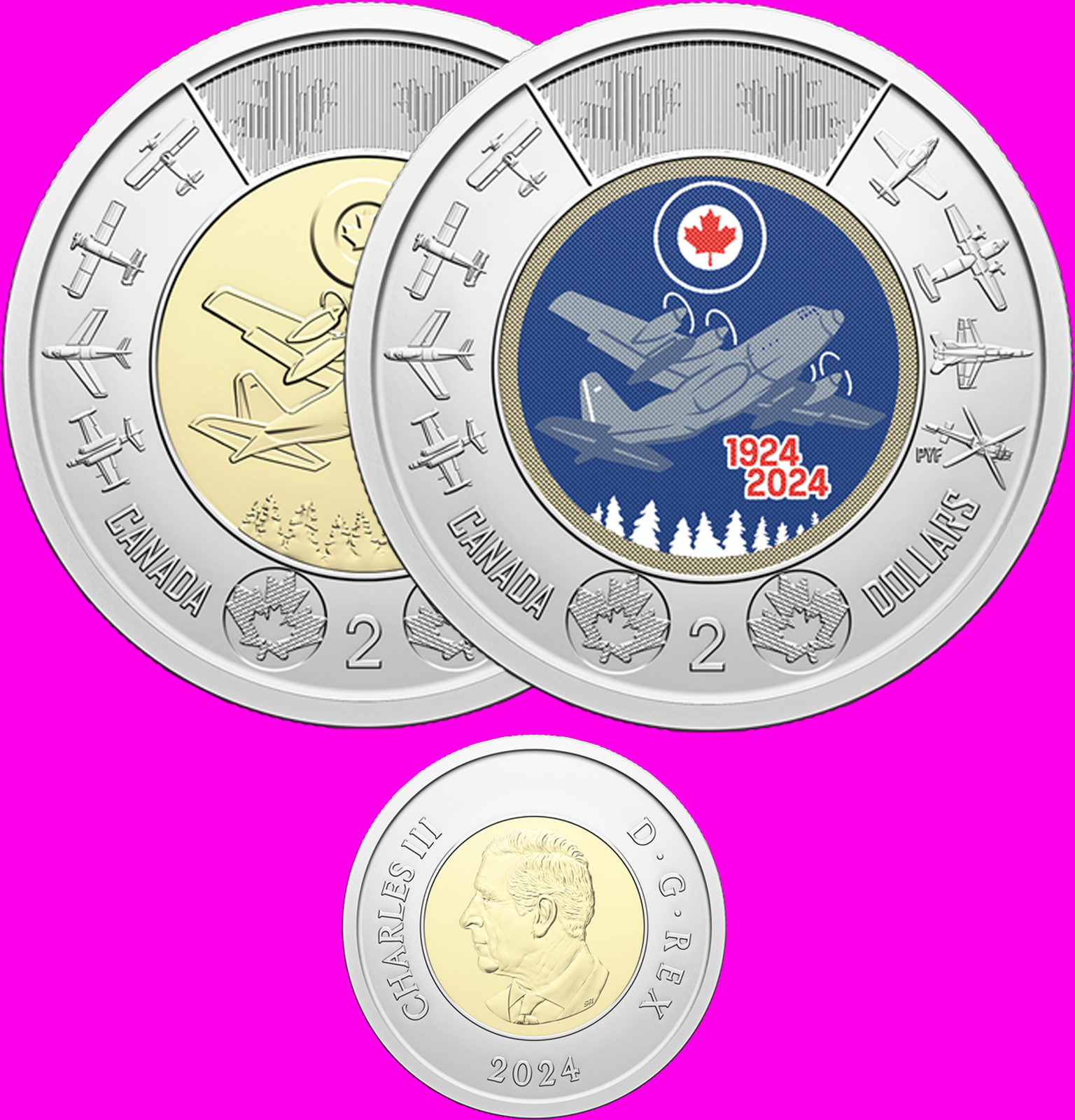 *US Seller* 2024 Canadian Royal Air Force Colored & Unc 2x Two $2 Dollar Coins!