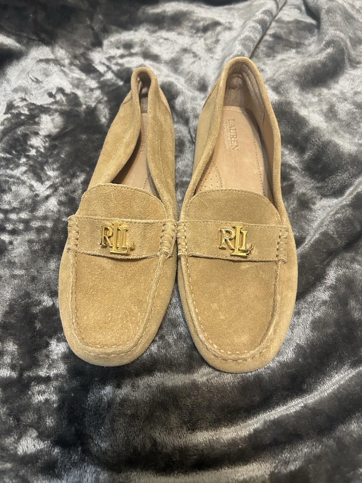 New Nude sand Suede And Leather Ralph Lauren Loafers With Gold Accents 9.5