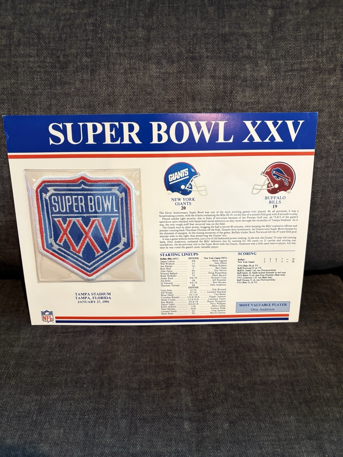 RARE VINTAGE🏈”SUPER BOWL”XXV FOOTBALL PATCH AND STAT CARD👀LQQK👀