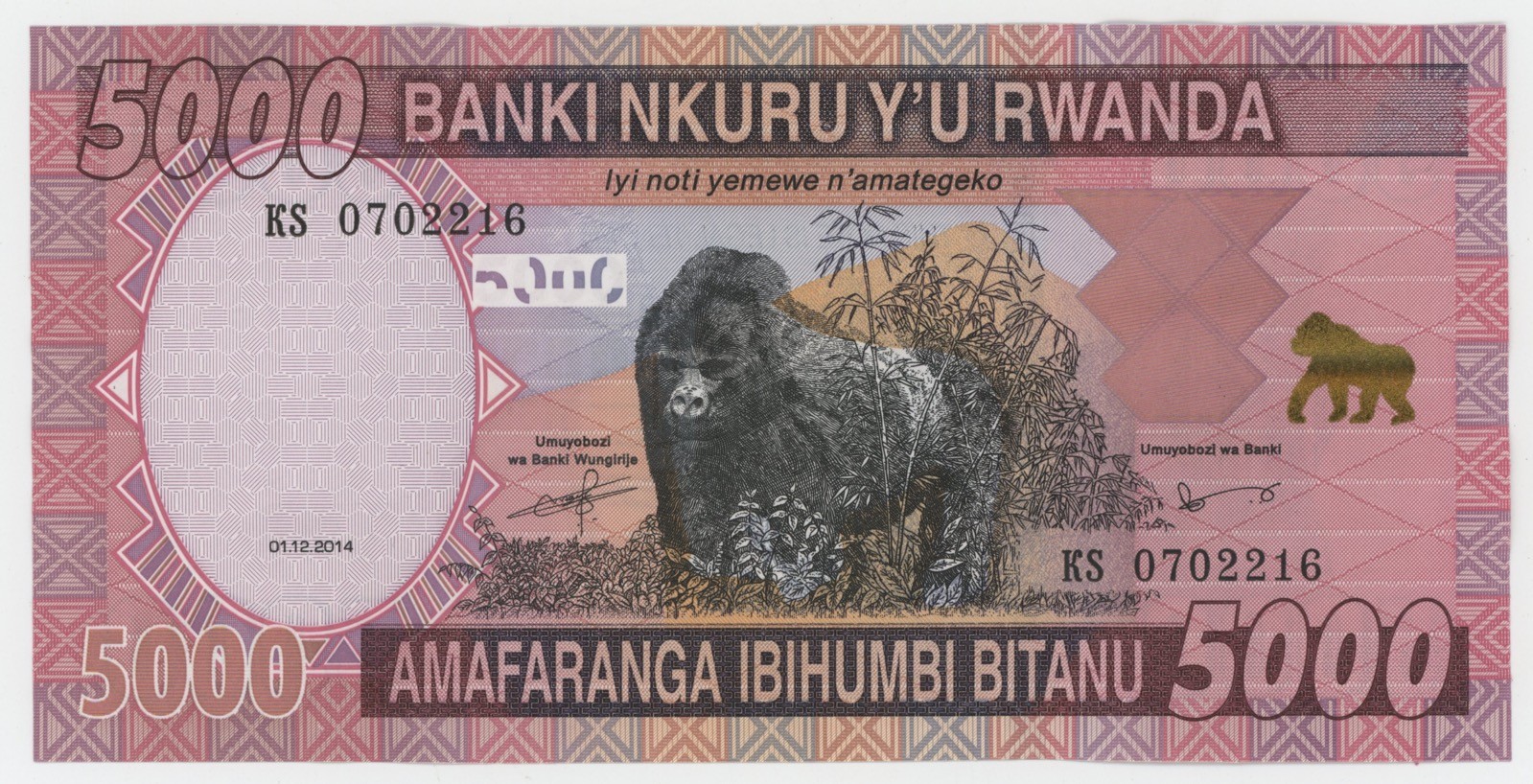 Rwanda 5000 Francs 1-12-2014 Pick 41 UNC Uncirculated Banknote Gorilla