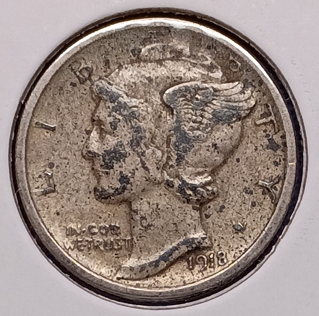 1918-D MERCURY DIME -- Very Fine+ (VF+) -- toning spots