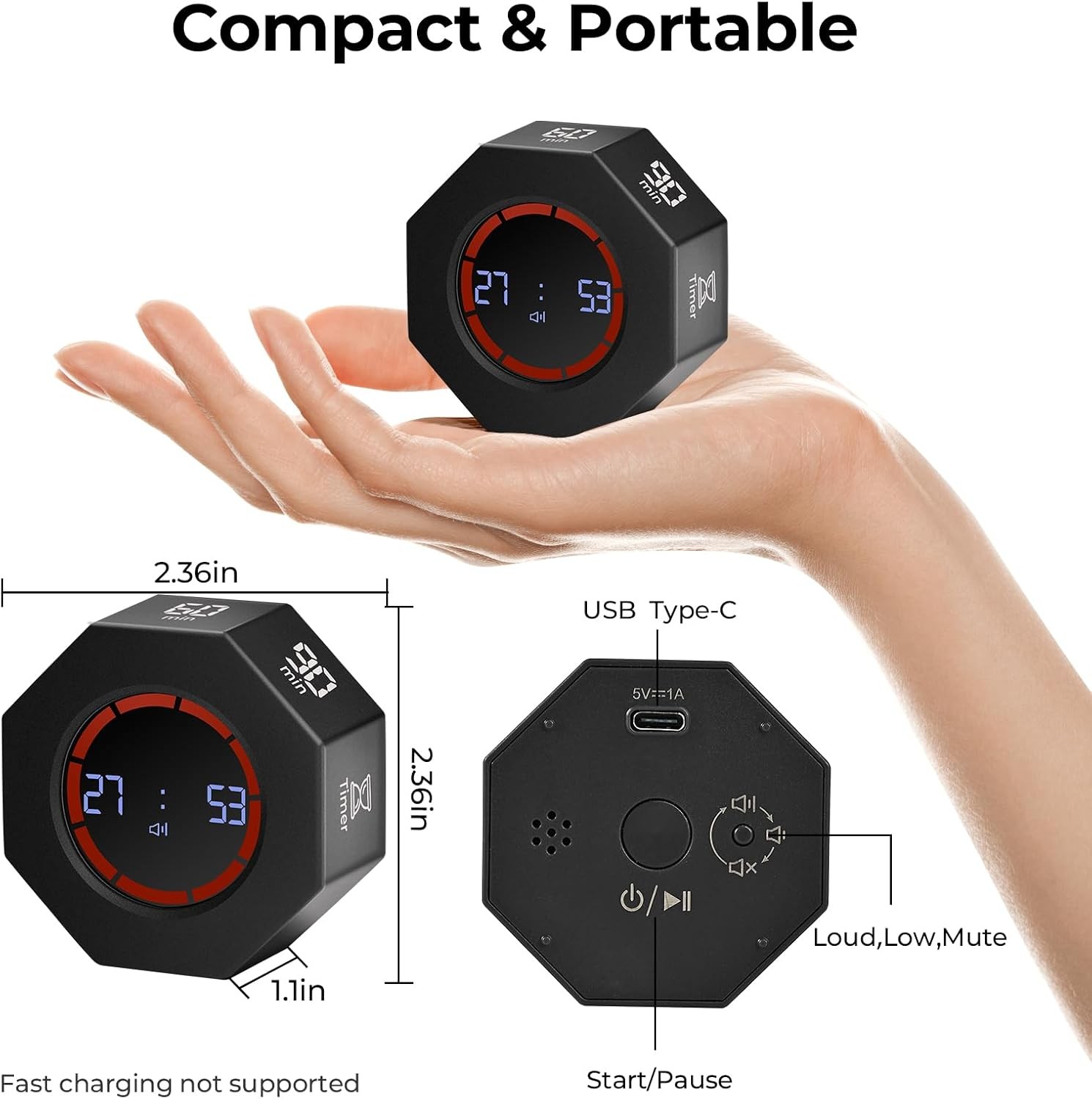Small Rechargeable Pomodoro Timer, Gravity Sensor Auto-Rotating 7 Preset Times (