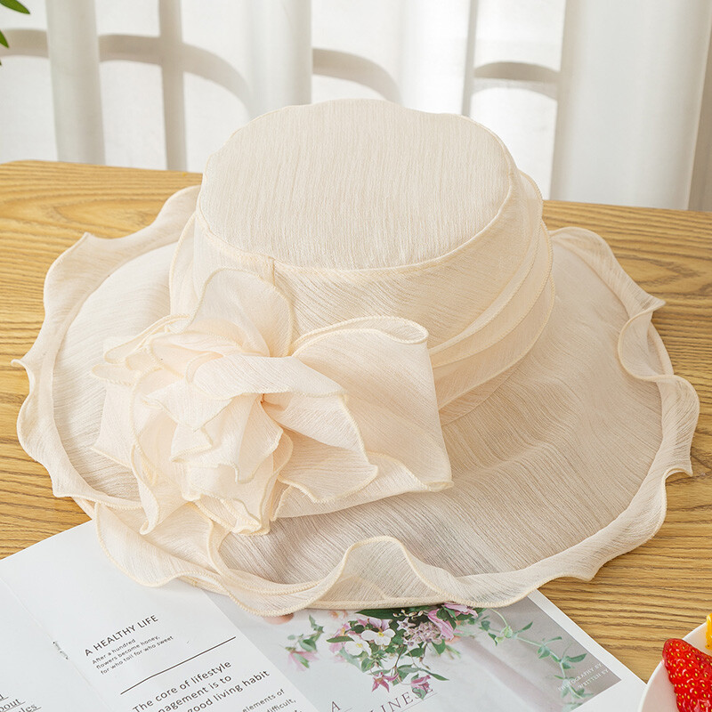 Women Organza Mesh Hat Wide Brim Sun Protect Cap Folding Cocktail Wedding