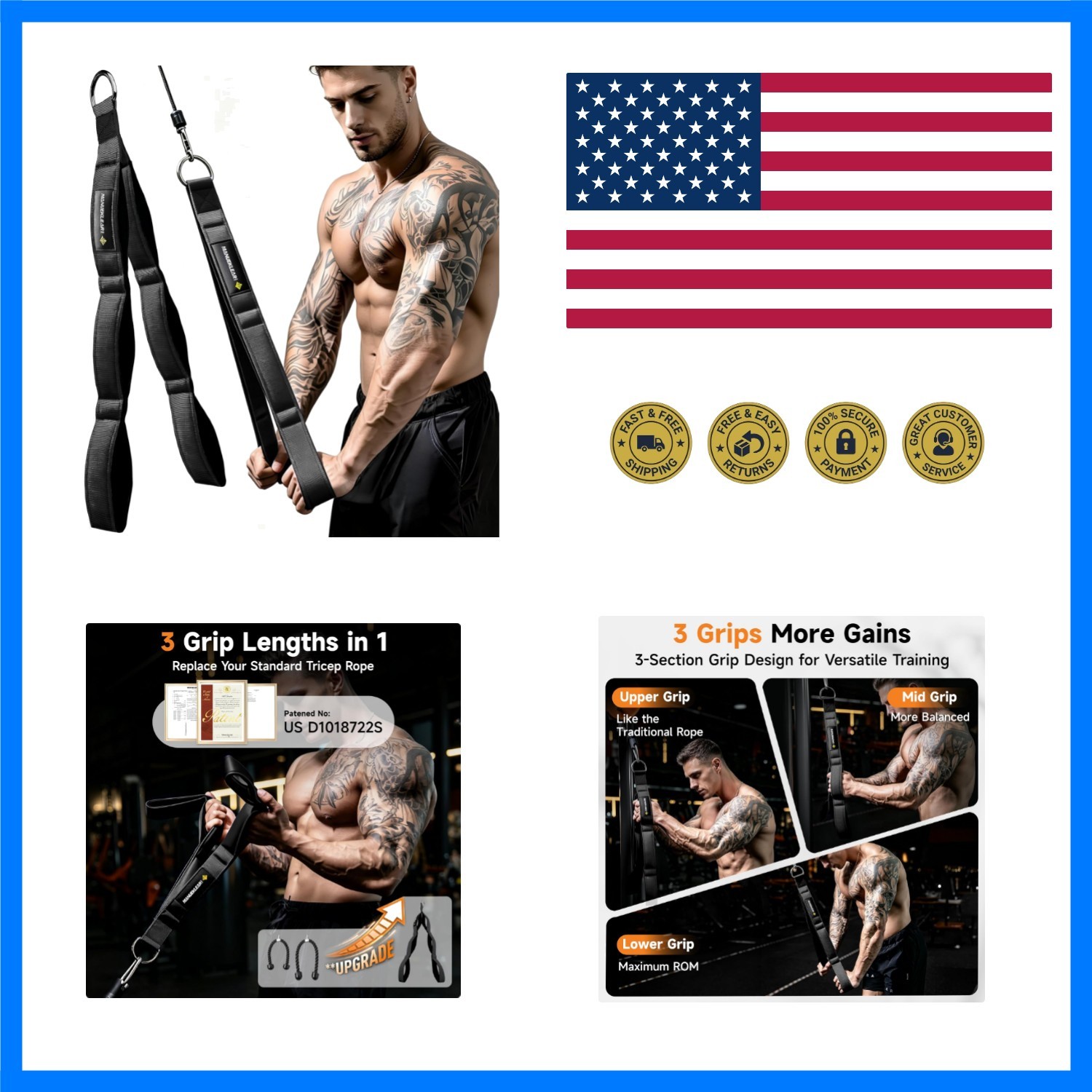 MANUEKLEAR 3 Grip Lengths in 1 Tricep Rope Cable Attachment with Ergonomic Ha...