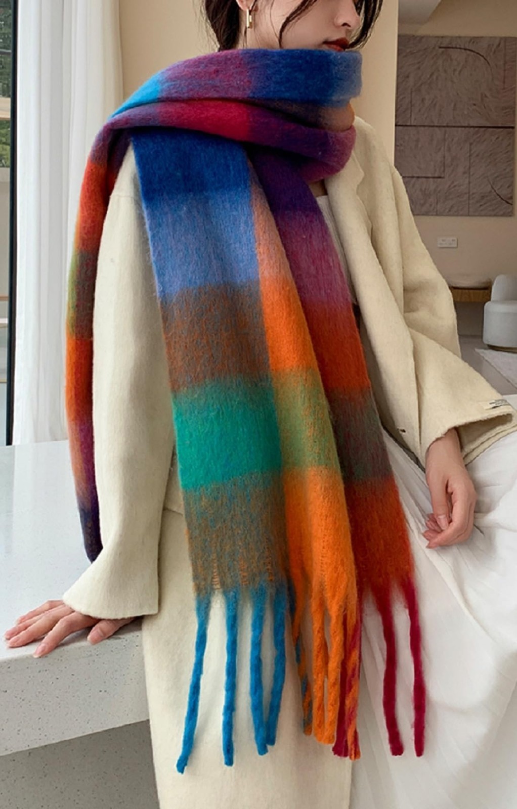 Soft Warm Winter Scarf for Women–Large Plaid Shawl Wrap Thick Cozy Blanket Style