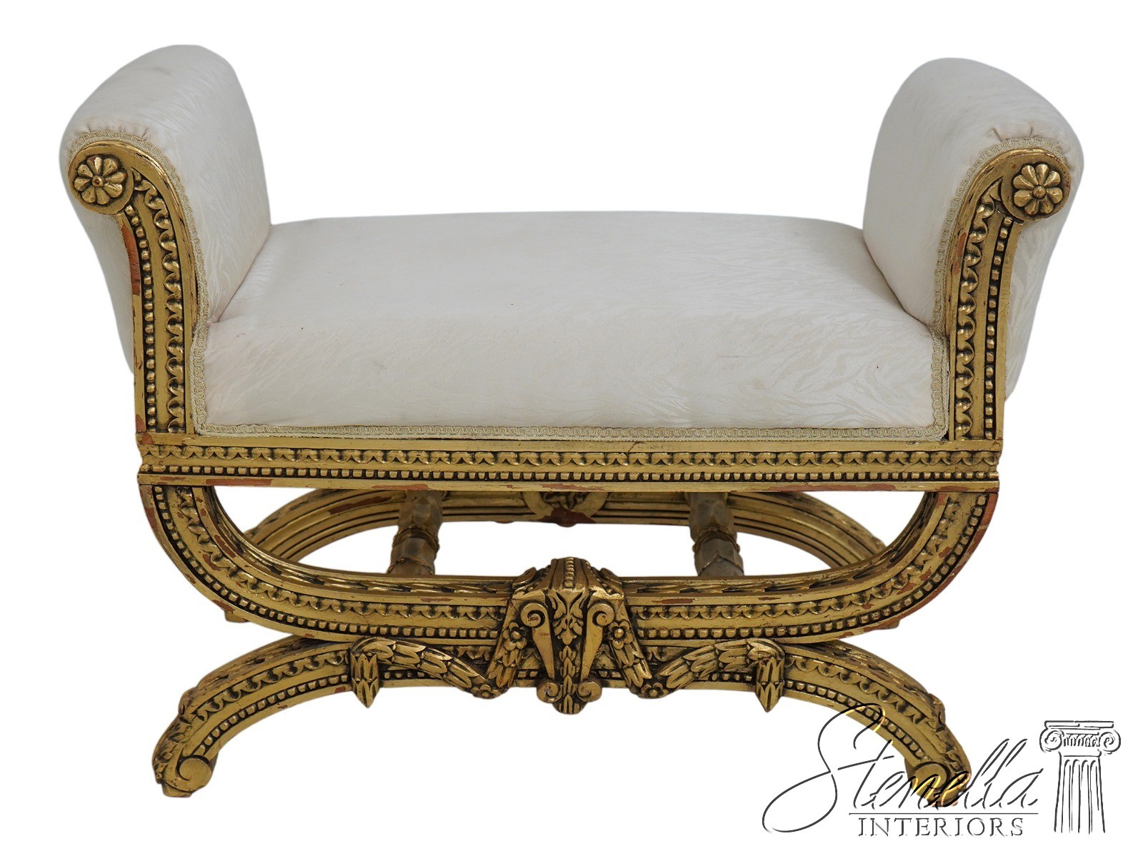 F65873: French Louis XIV Gold Finish Carved Bench
