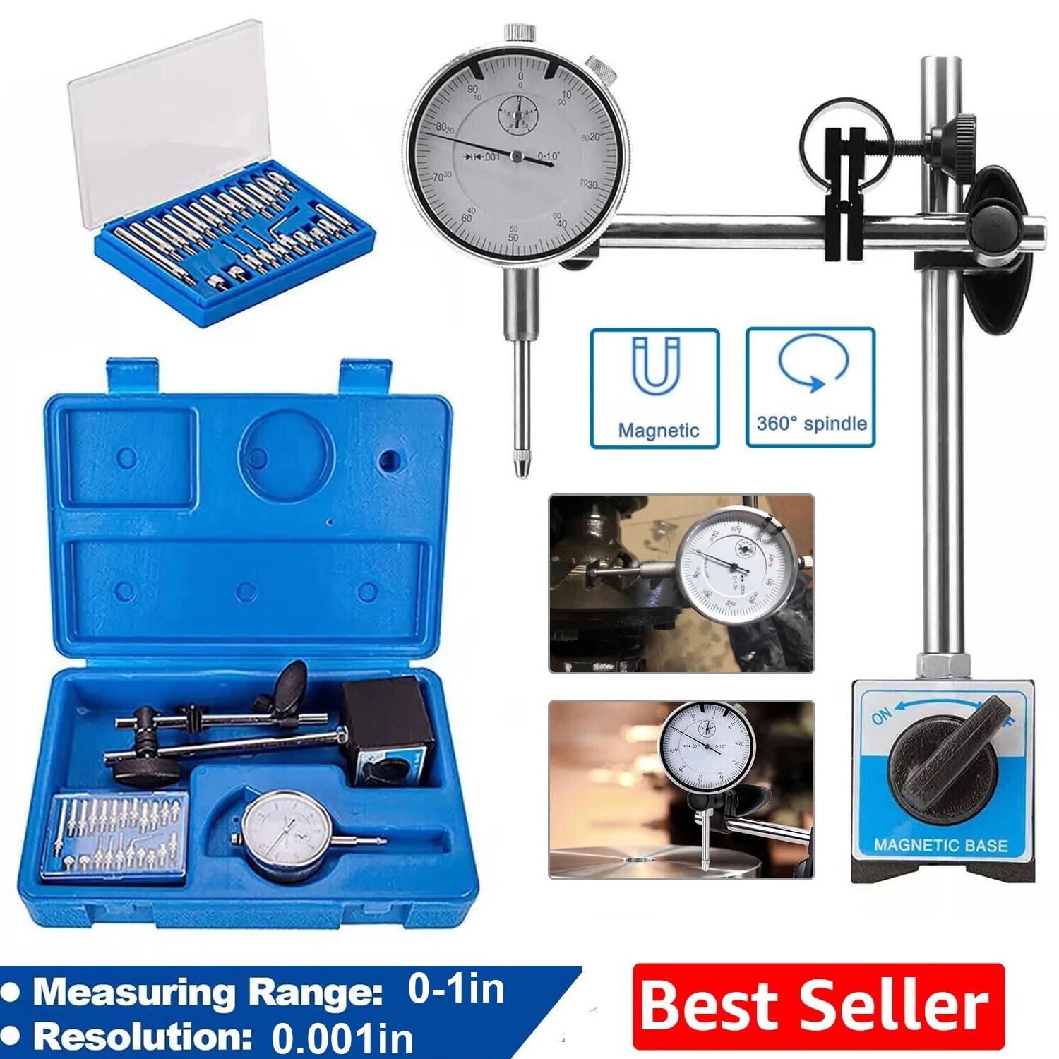 Dial Indicator with Magnetic Base Holder Differential Backlash Gauge 0-1.0 Test