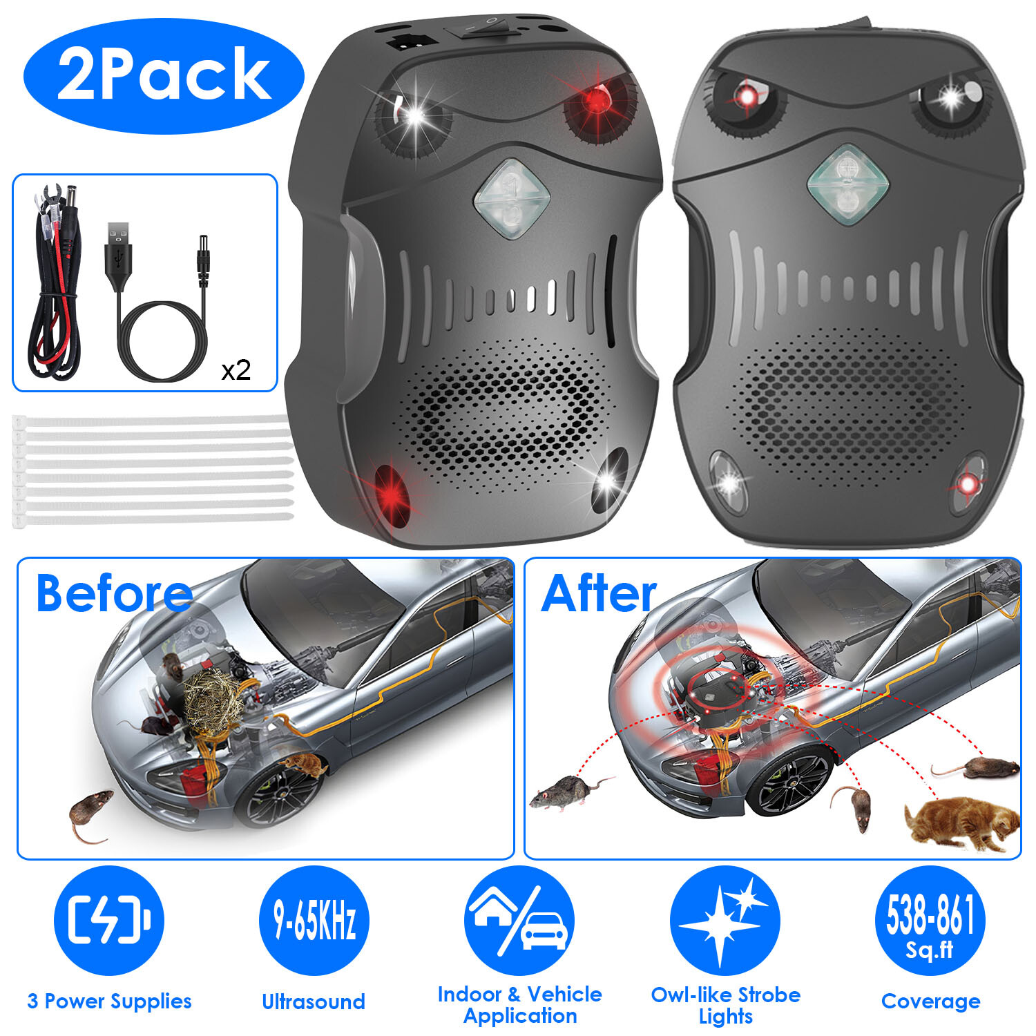2PCS Car Ultrasonic Mouse Repeller Vehicle Rat Rodent Animal  Repellent