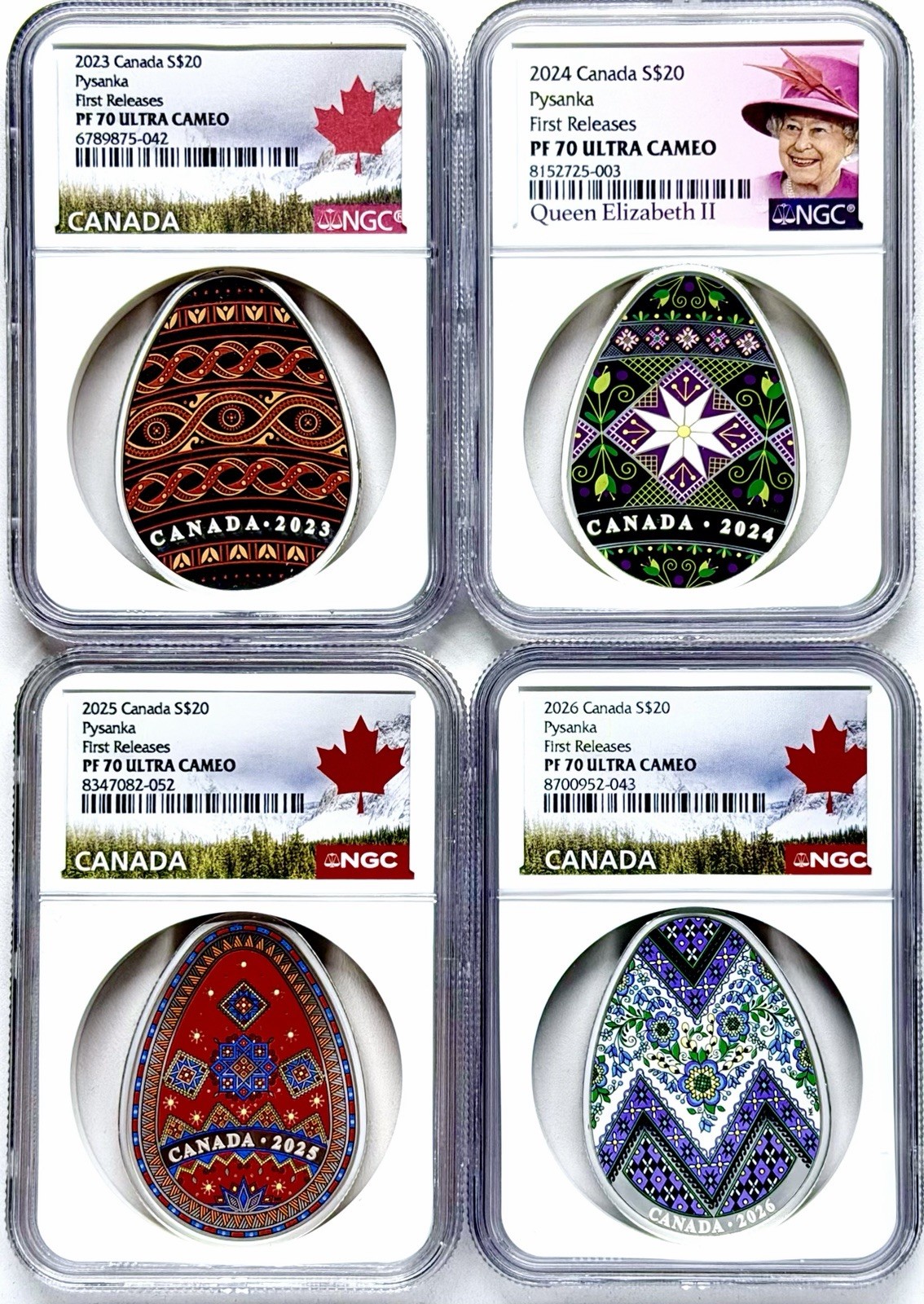2023-26 $20 CANADA PYSANKA UKRAINIAN EGG 1OZ SILVER PROOF 4-COIN SET NGC PF70 FR