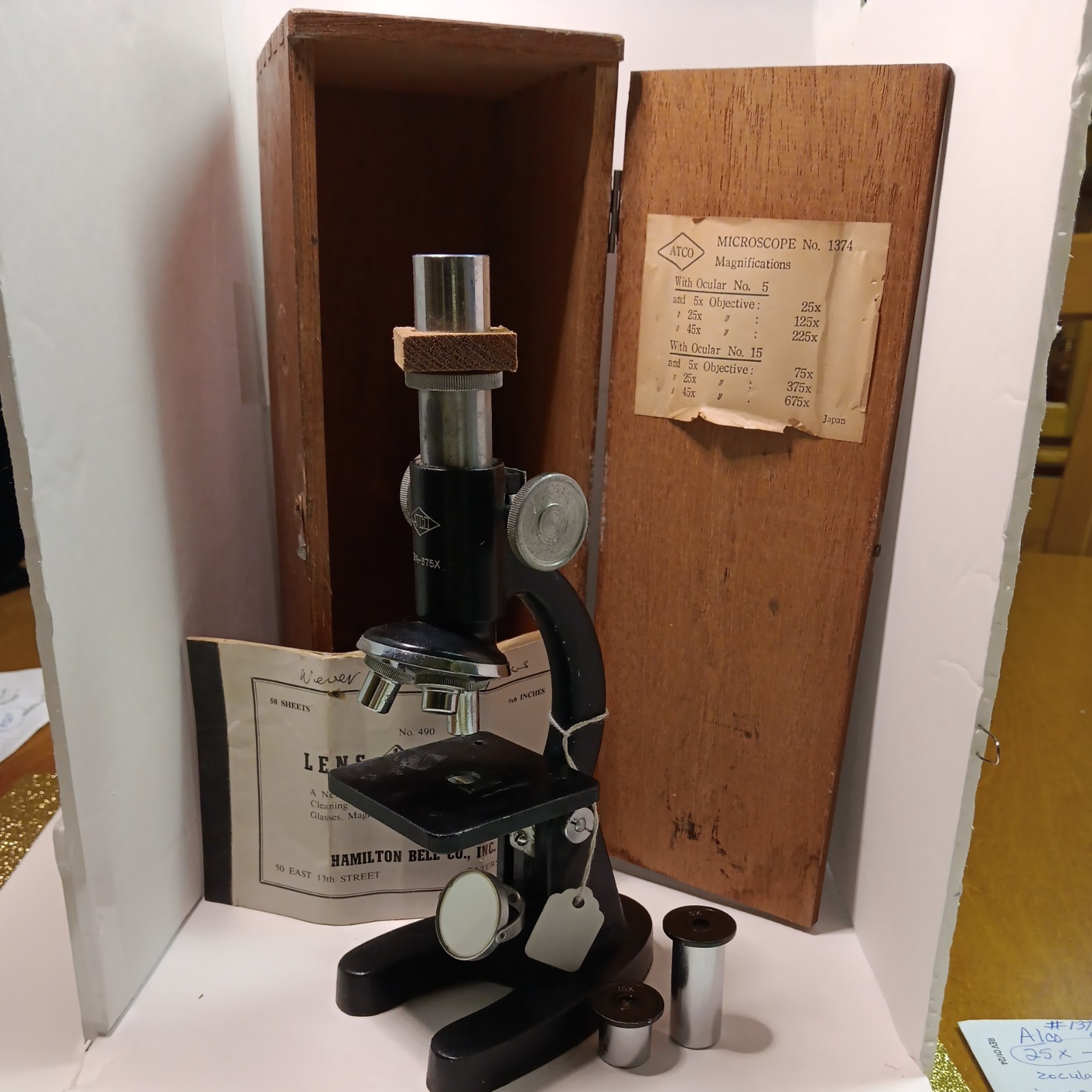 Vtg ATCO #1374 25×-675× 1950'? Wood Box Japan w/ lens cleaners-2 coculars