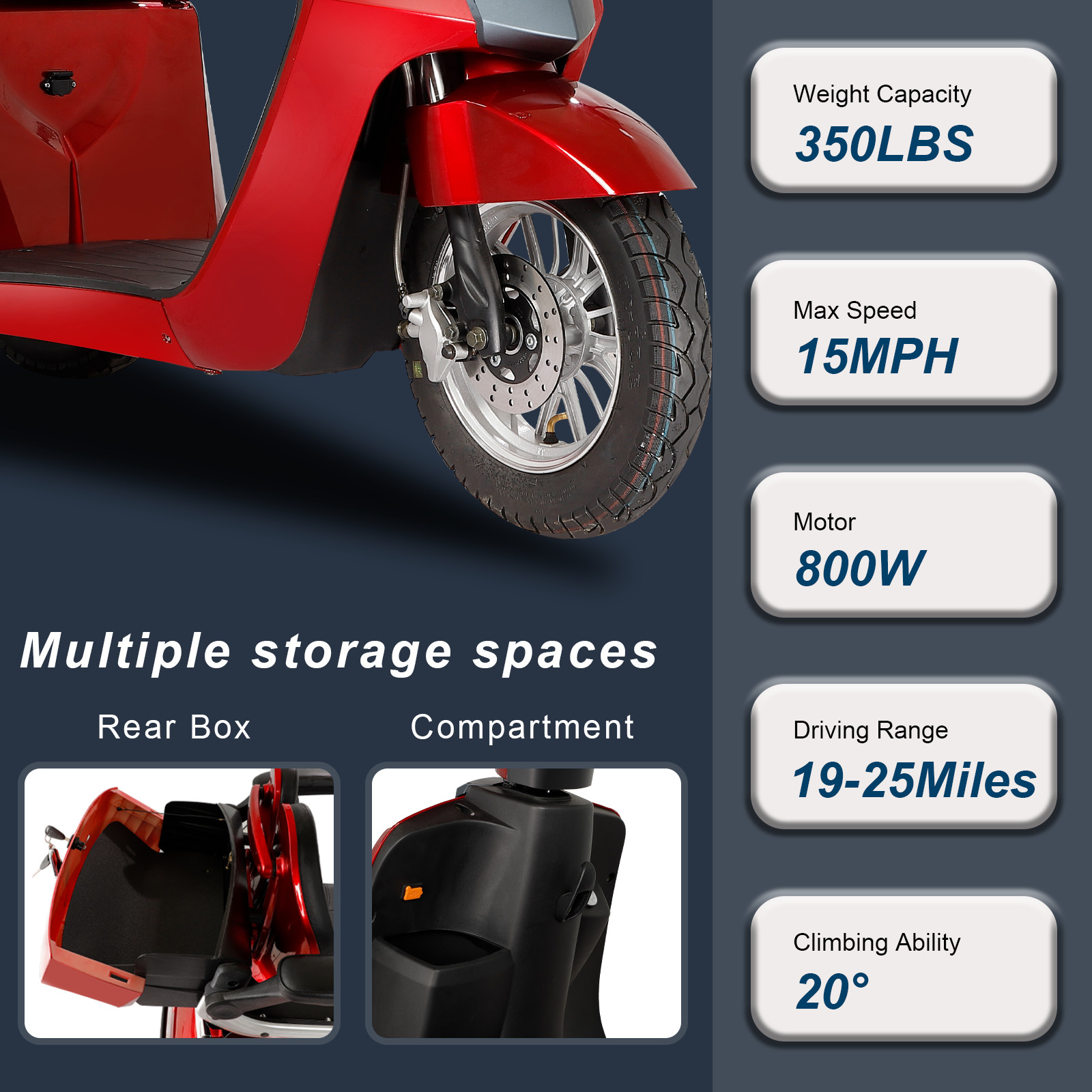 800W 60V20Ah 3-Wheel Travel Electric Mobility Scooter 3-Speed for Seniors 350LBS