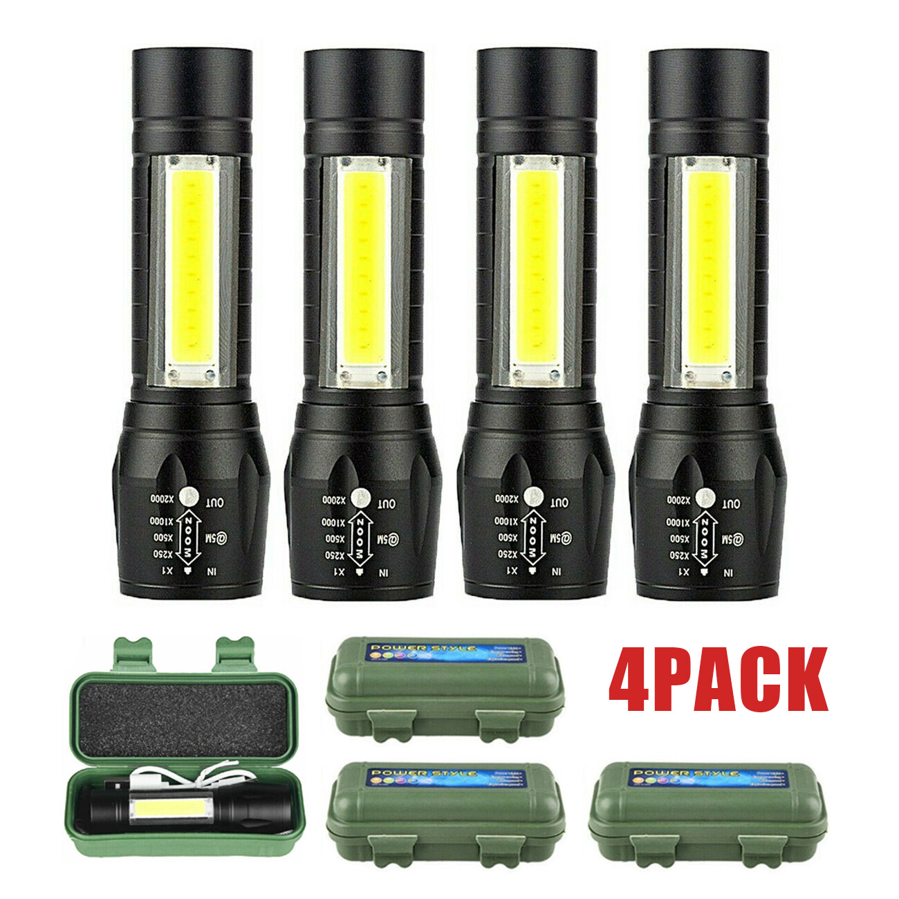 4PCS Super Bright LED Flashlight Tactical Torch Rechargeable Zoomable Flashlight