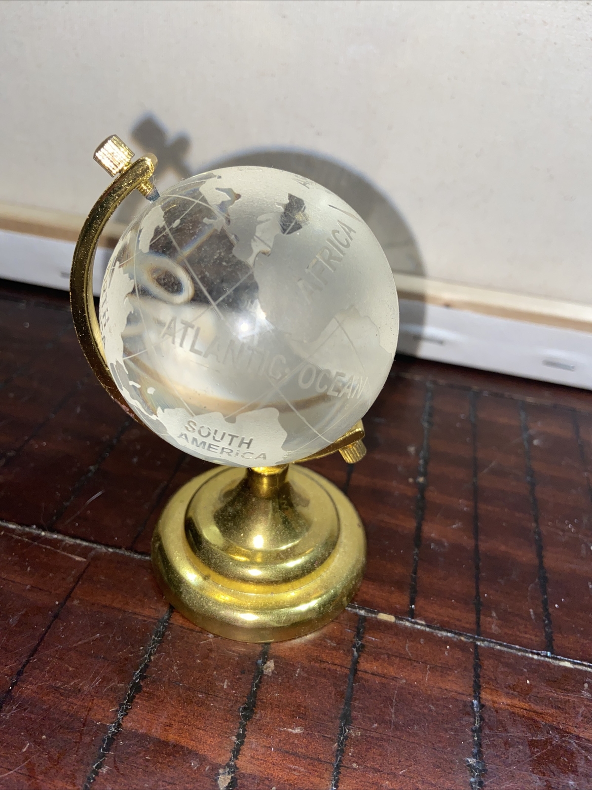 Miniature Glass World Globe on Gold Coloured Metal Stand (90) #404