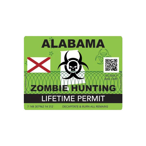 Zombie Alabama State Hunting Permit Sticker Decal