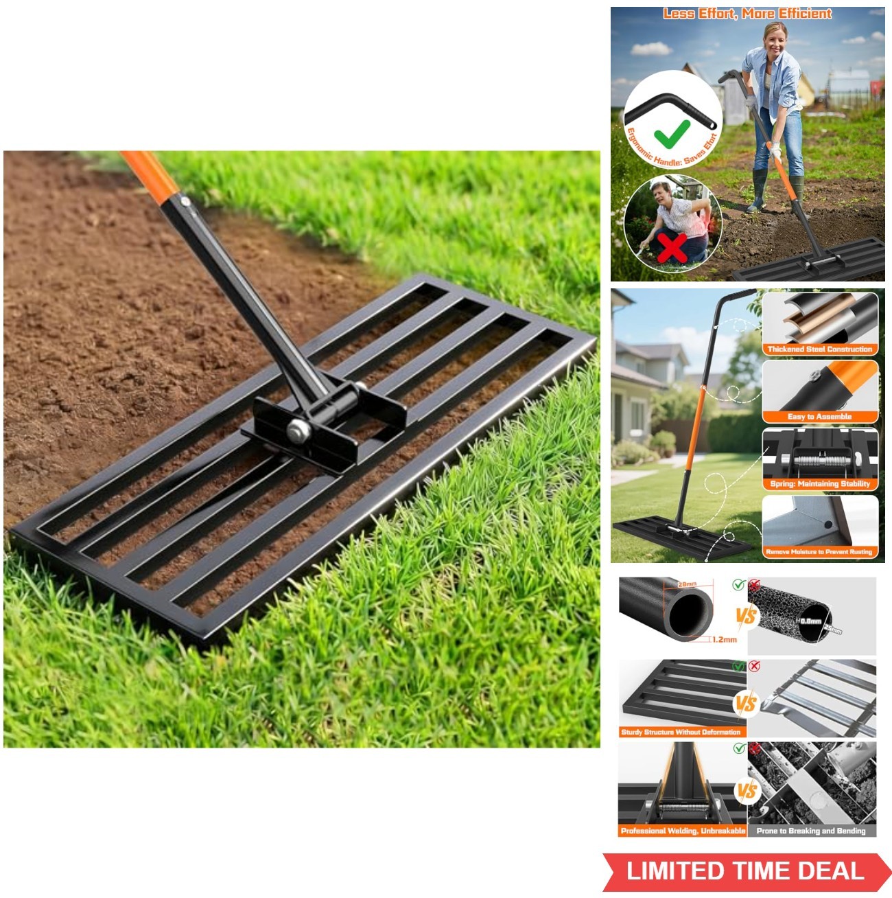Lawn Leveling Rake 30 x 10 Inch Stainless Steel 78 Adjustable Handle Heavy Duty