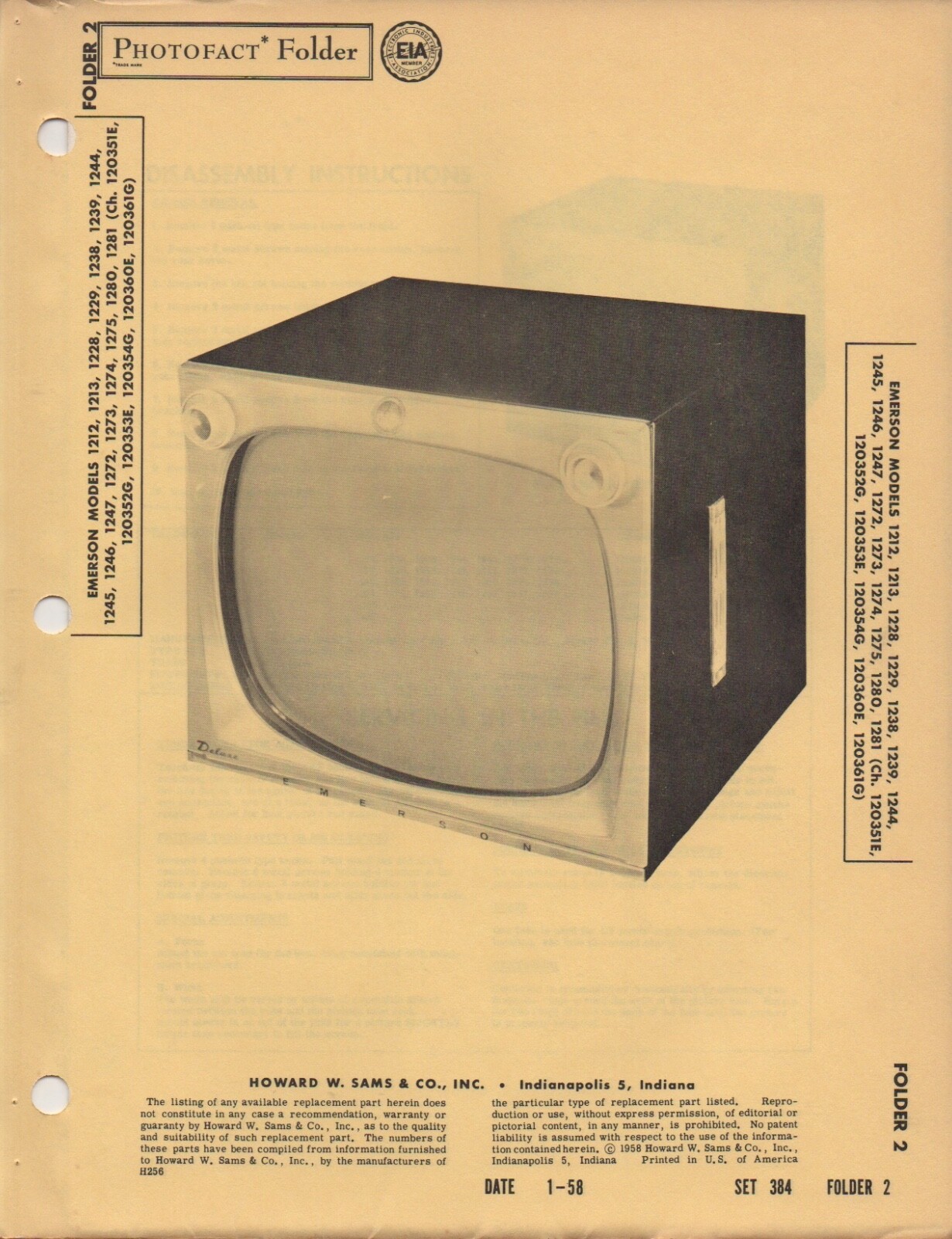 1958 EMERSON 1212 TELEVISION SERVICE MANUAL PHOTOFACT 1213 1228 1229 1238 MORE