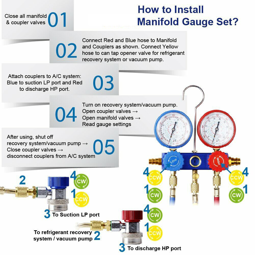 New HVAC AC Manifold Gauge Set A/C Air Refrigeration Kit Brass Freon Vacuum Pump