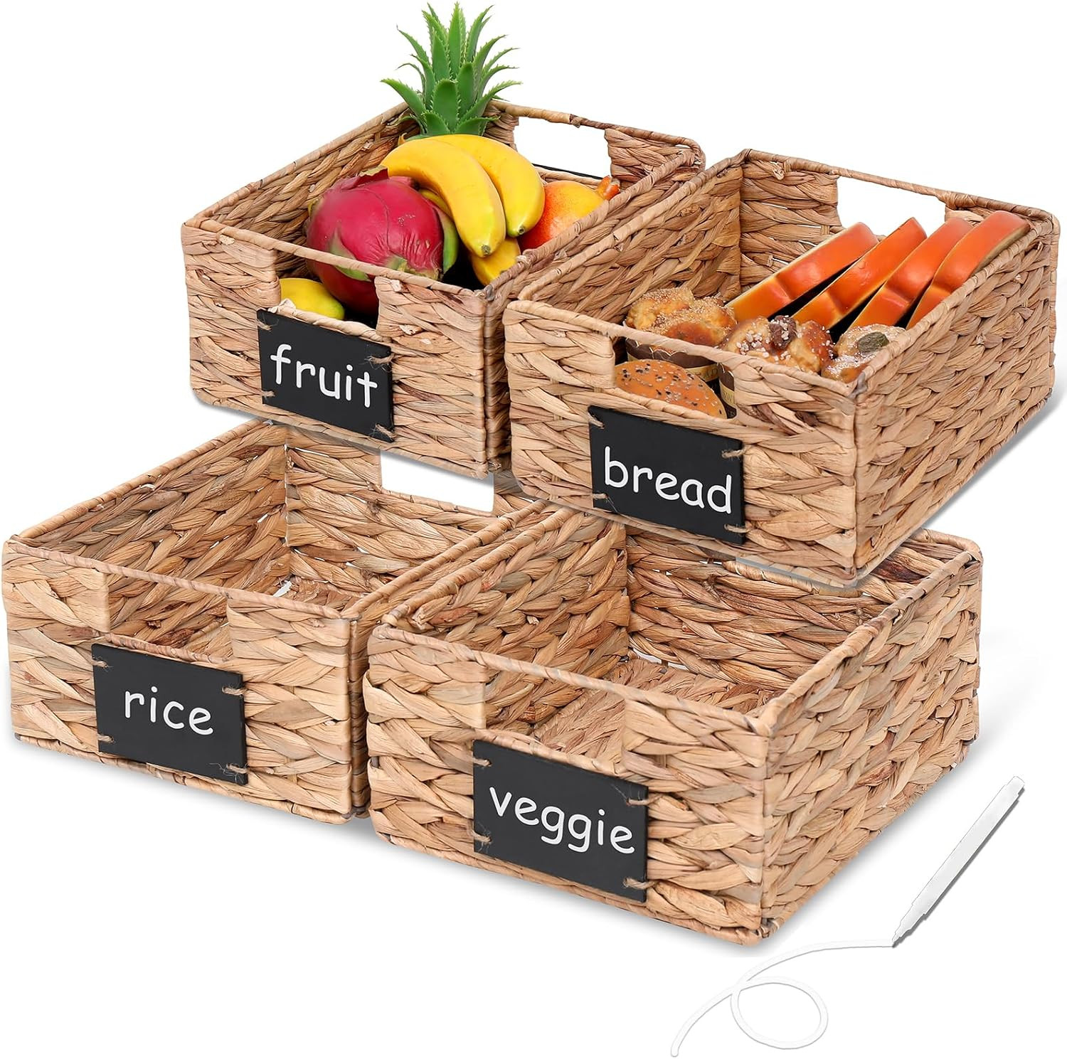 Hand-Woven Water Hyacinth Storage Baskets Set of 4 with Chalkboard Labels