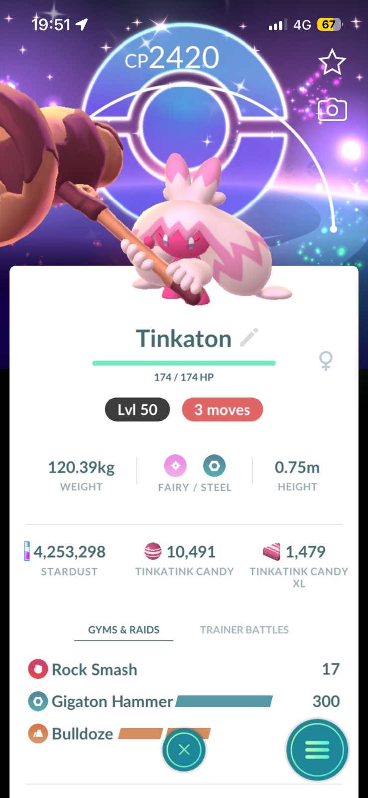 Pokémon Trade Go Level 50-Shiny Tinkaton 3 Moves Ultra League-Special Background
