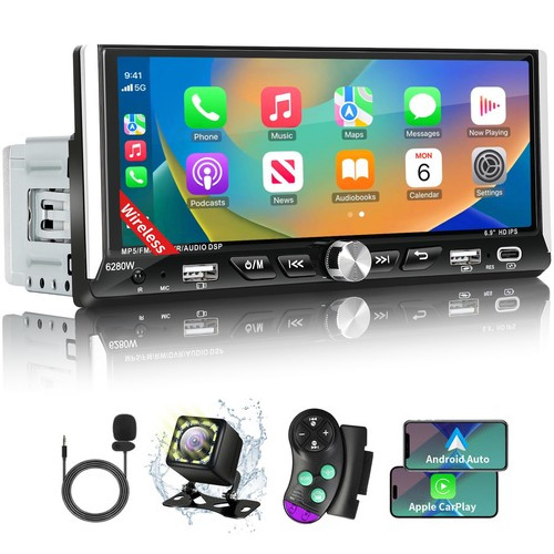 6.86' Single Din Touchscreen Car Stereo with Wireless Apple Carplay Android