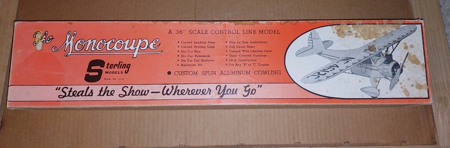 STERLING MONOCOUPE RARE  Vintage 36" Model Airplane KIT CL # C-1 w/Aluminum Cowl