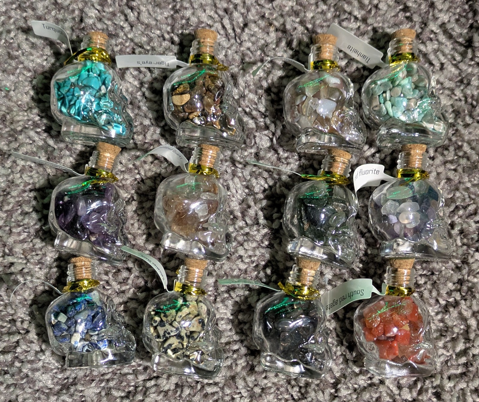 12Pcs SKULL Bottles Filled Crystals and Healing MINI Stones AWESOME See descript