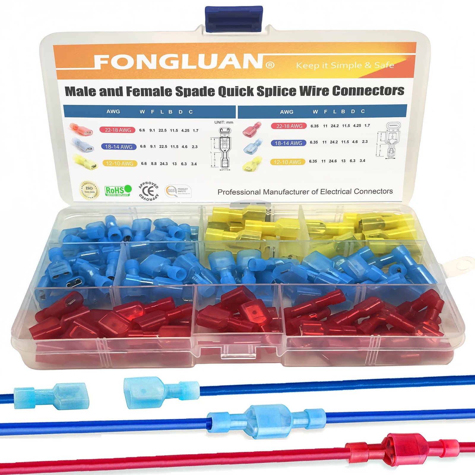 FONGLUAN 120pcs Male and Female Spade Connectors 24-10 Gauge Nylon Fully Insu...